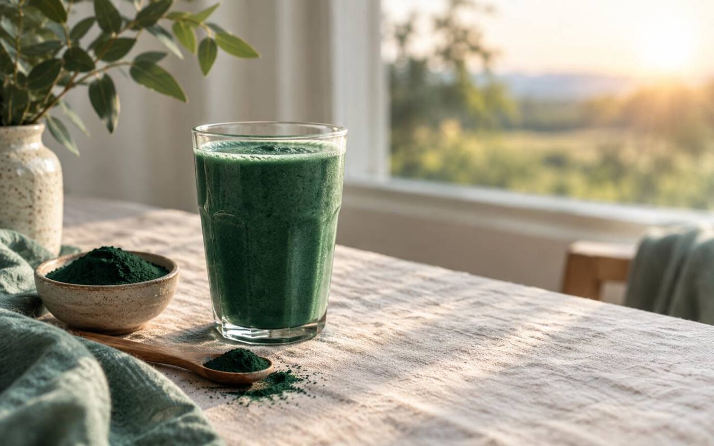 Smoothie et cuillère de spiruline dans une ambiance matinale