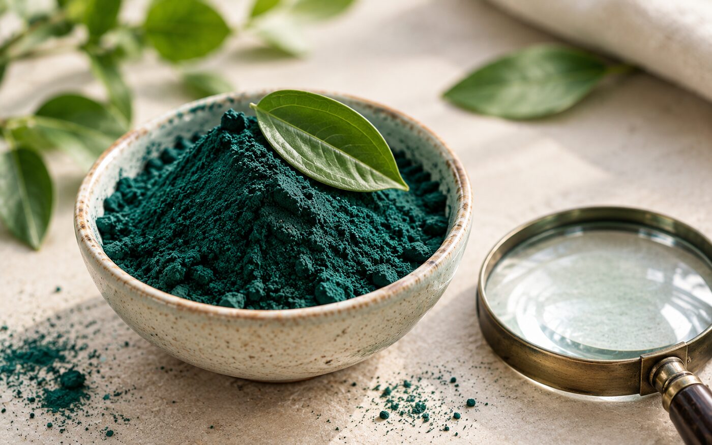 Poudre de spiruline biologique avec une feuille fraîche
