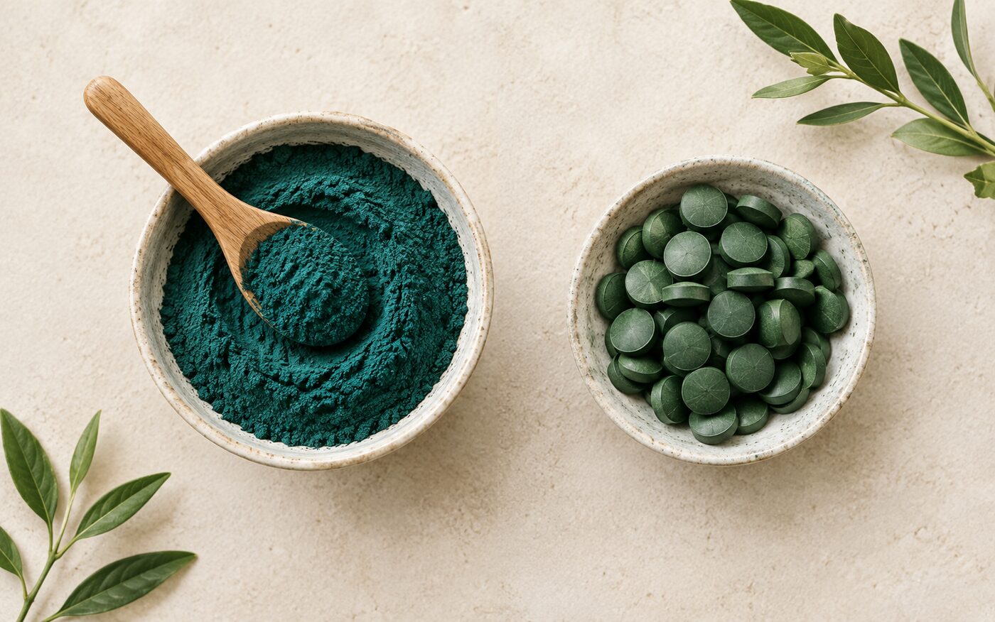 Spiruline en poudre et en comprimés présentées côte à côte